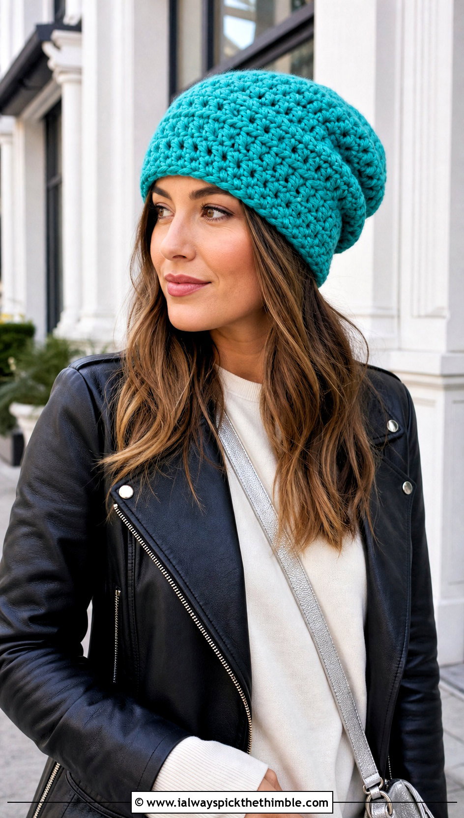 Slouchy Crochet Beanie With Leather Jacket - 15 Crocheted Womens Hats outfit ideas