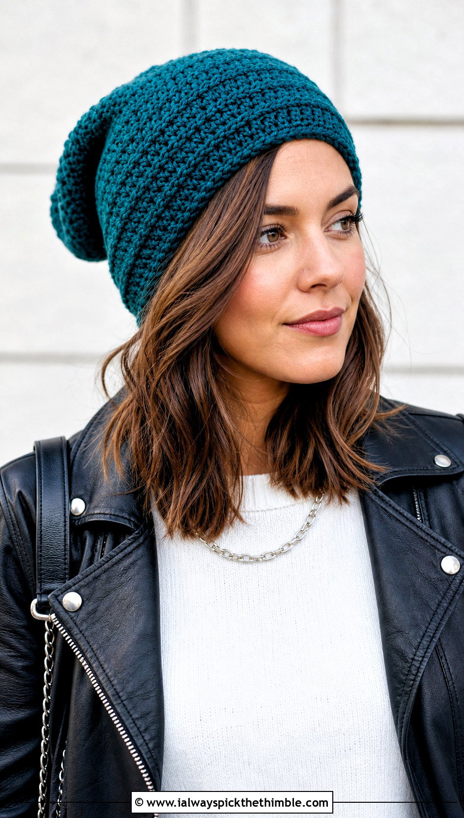 Slouchy Crochet Beanie With Leather Jacket - 15 diy crochet winter hat outfit ideas