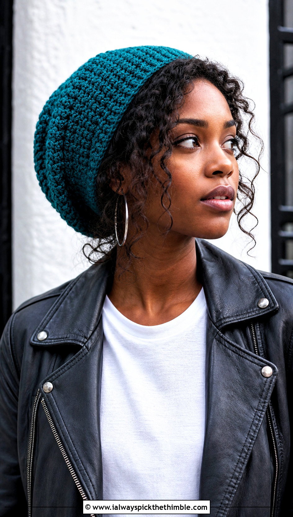 Slouchy Crochet Beanie With Leather Jacket - 15 Easy Crochet Hats For Women outfit ideas