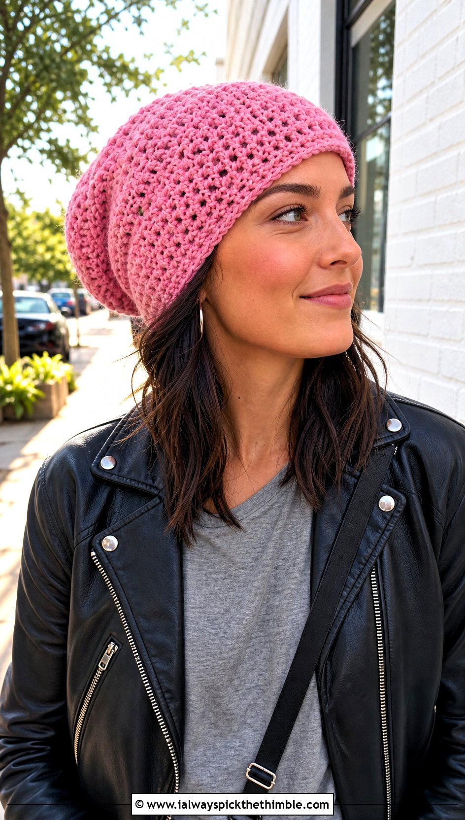 Slouchy Crochet Beanie With Leather Jacket - 15 Fun Crochet Hats For Adults outfit ideas