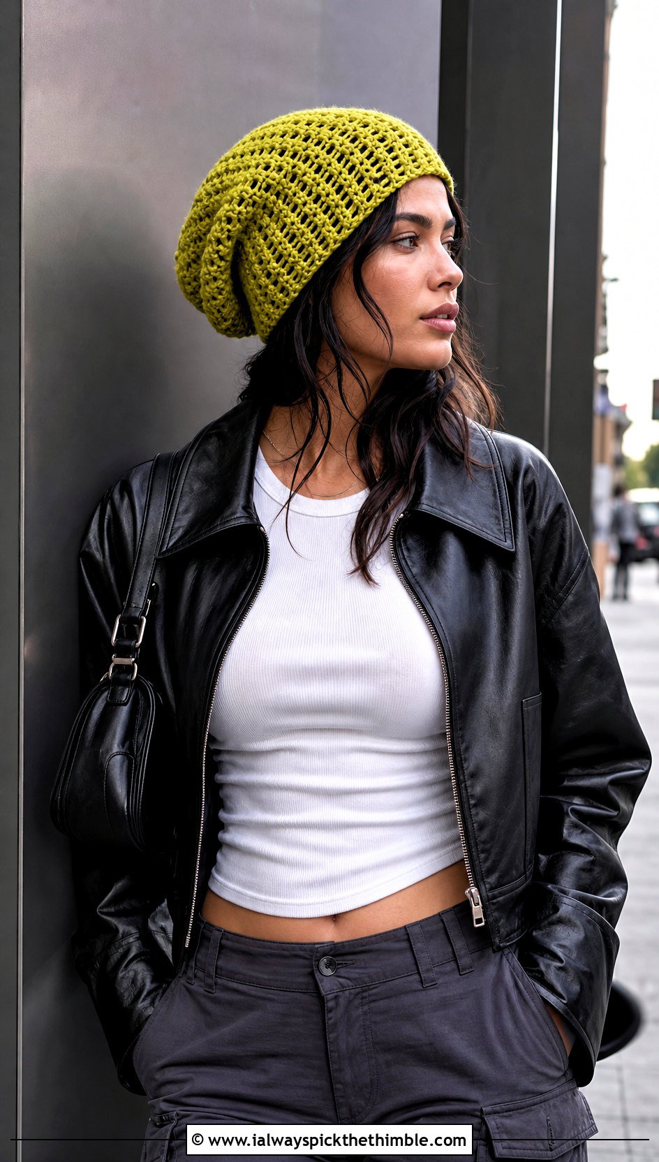 Slouchy Crochet Beanie With Leather Jacket - 15 Womens Crochet Beanie outfit ideas