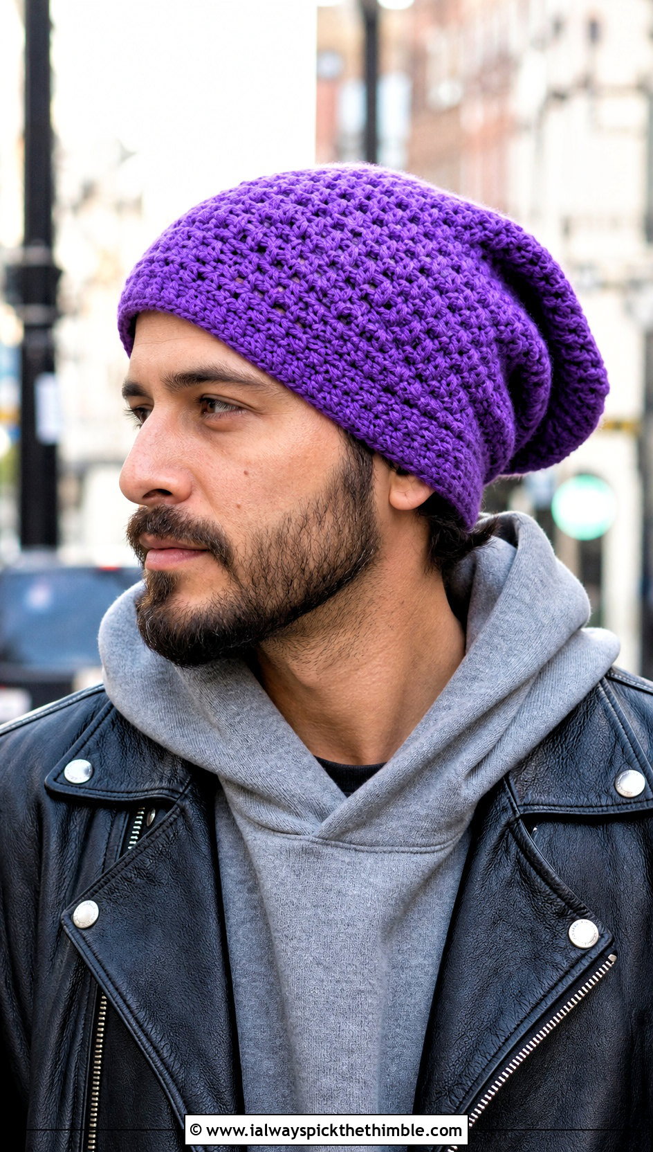 Slouchy Crochet Beanie With Leather Jacket - 20 crochet man beanie outfit ideas
