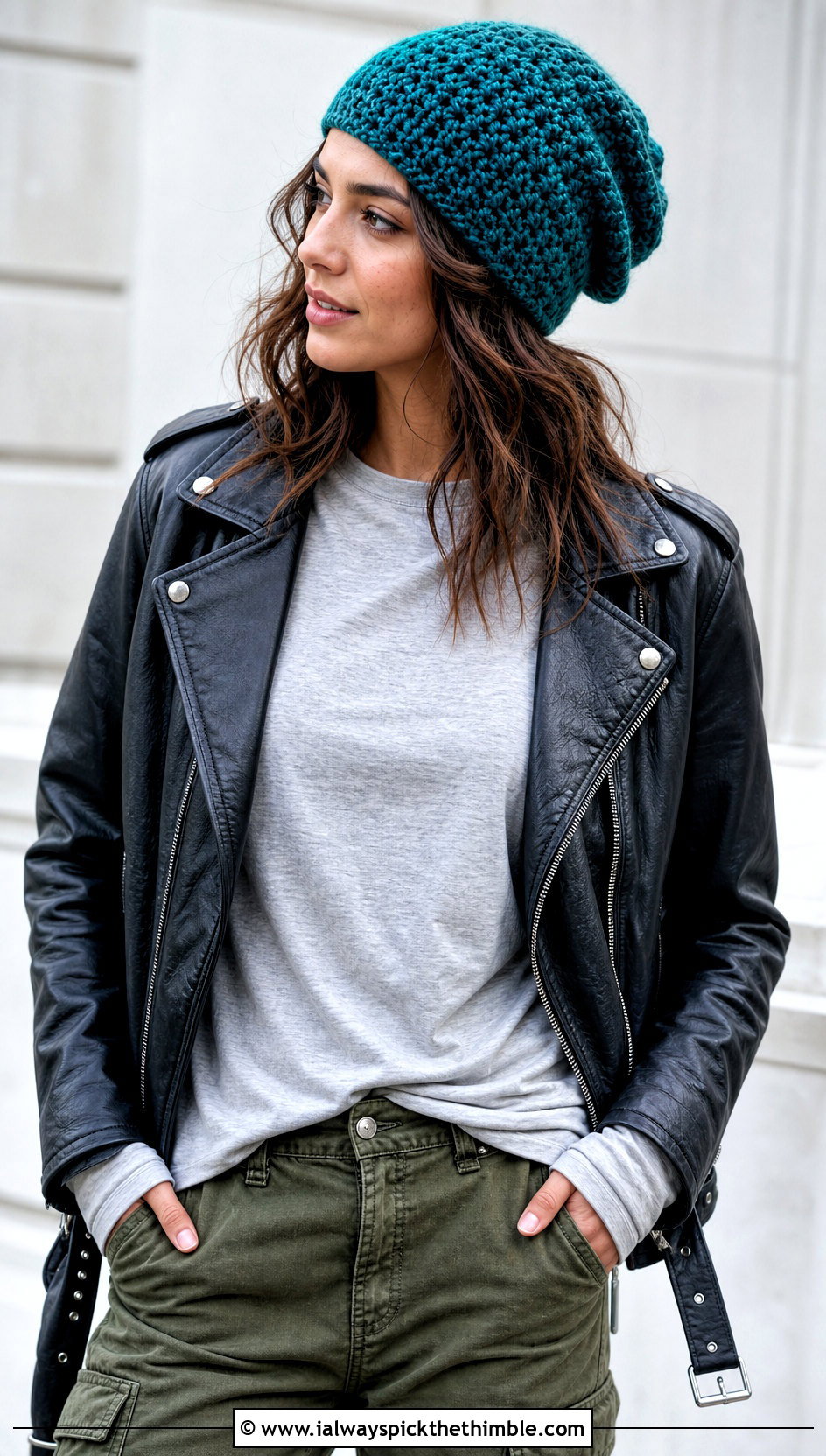 Slouchy Crochet Beanie With Leather Jacket And Cargo Pants - 20 easy crochet winter hat outfit ideas