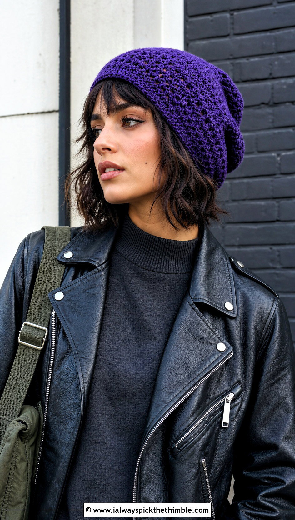 Slouchy Crochet Beanie With Leather Jacket And Cargo Pants - 20 Warm Crochet Hat outfit ideas