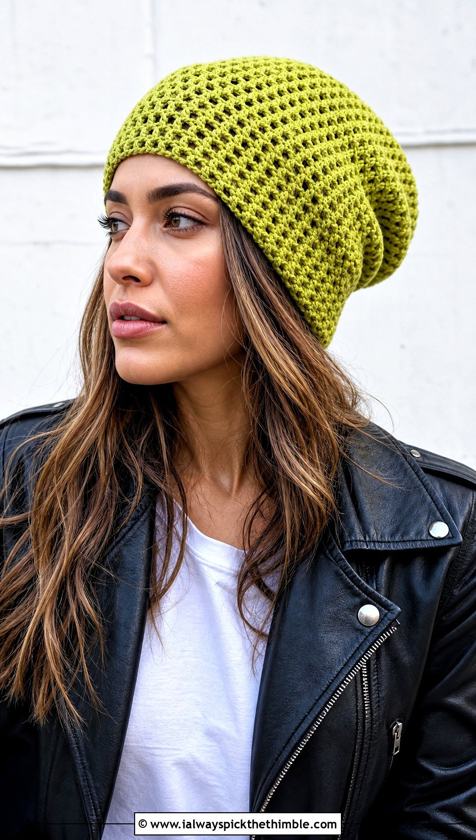 Slouchy Crochet Beanie With Leather Jacket And Leggings - 20 winter crochet beanie outfit ideas