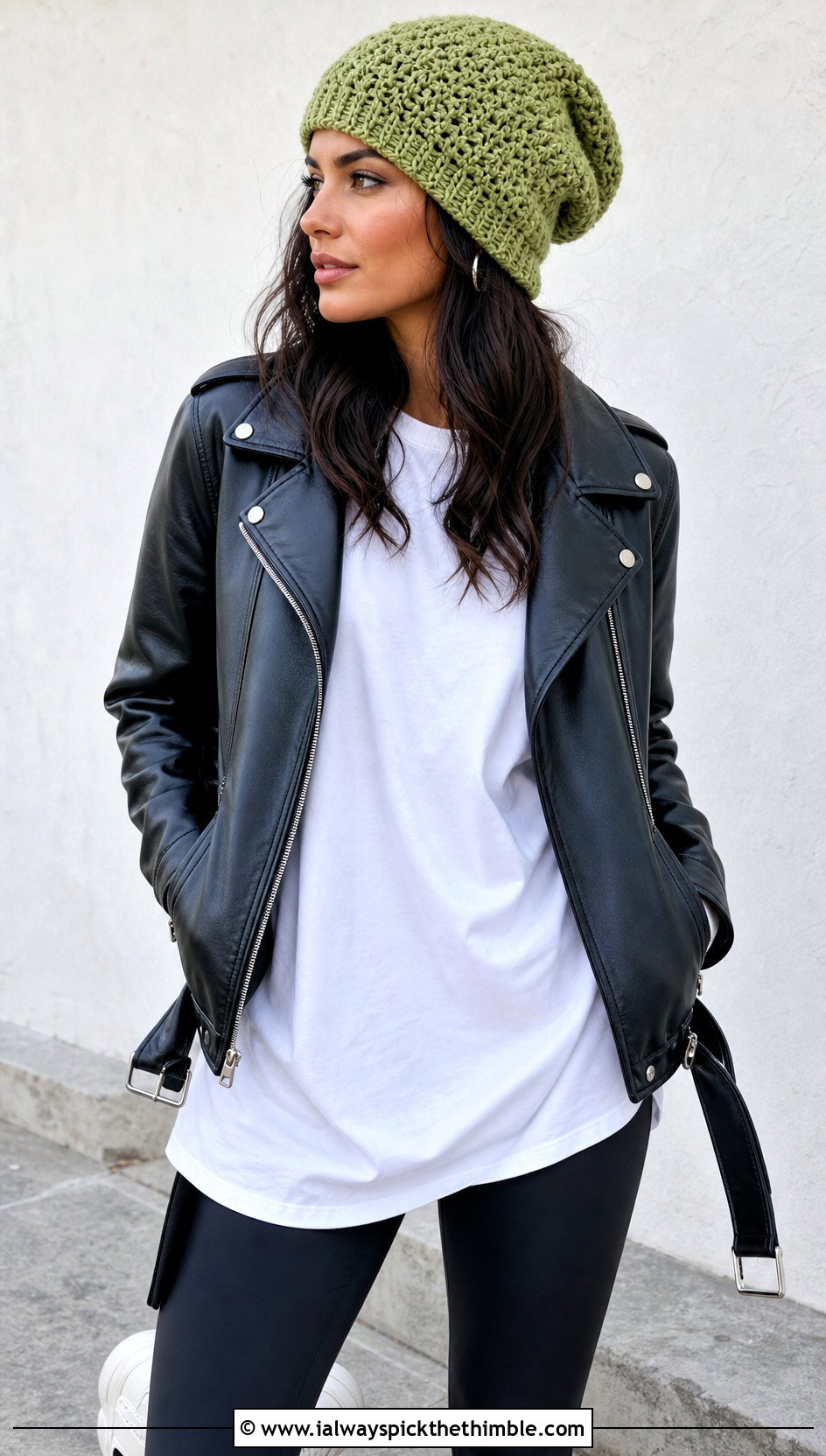 Slouchy Crochet Beanie With Leather Jacket And Leggings - 25 basic crochet beanie outfit ideas