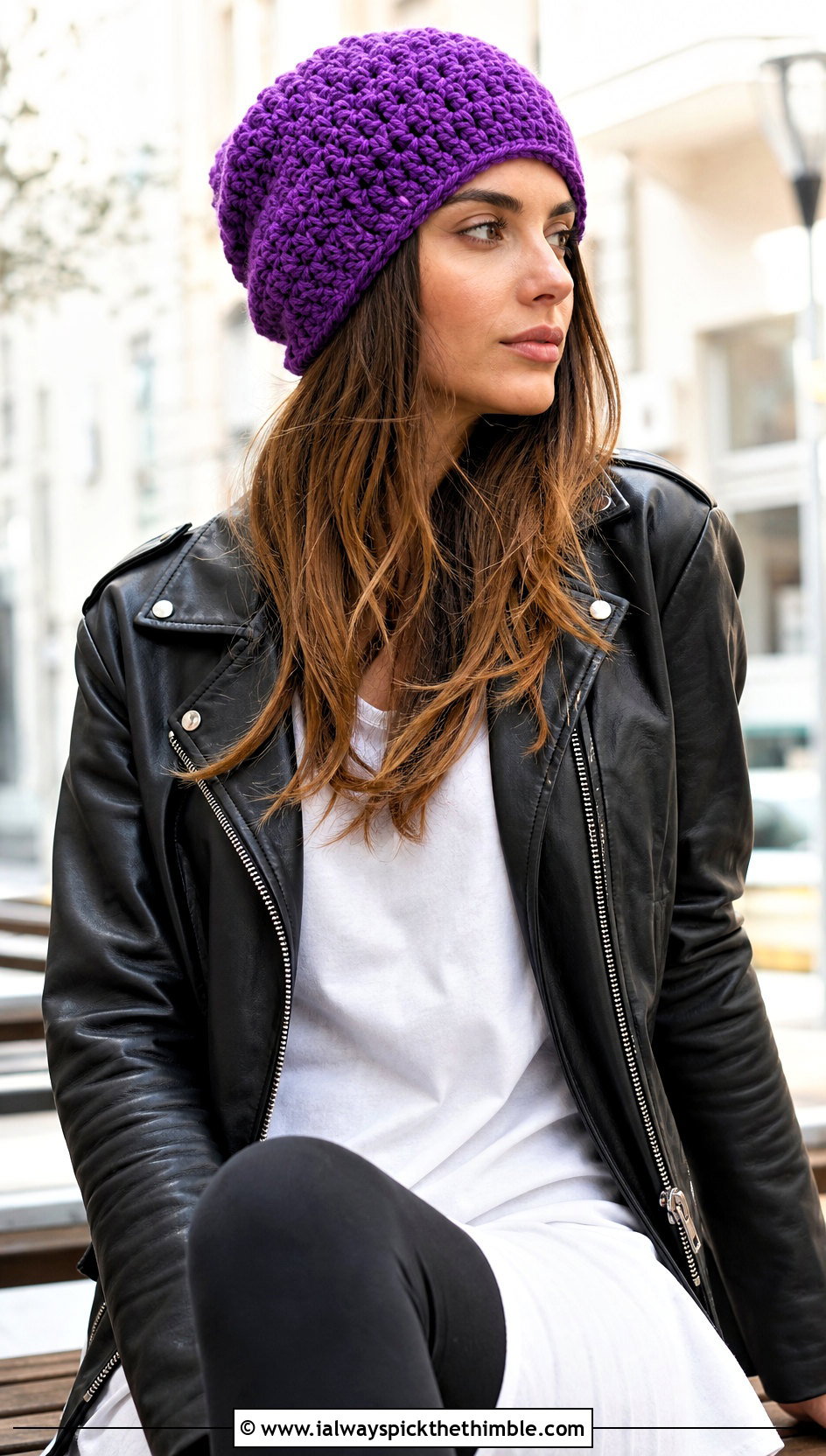 Slouchy Crochet Beanie With Leather Jacket And Leggings - 25 crochet beanie hat outfit ideas