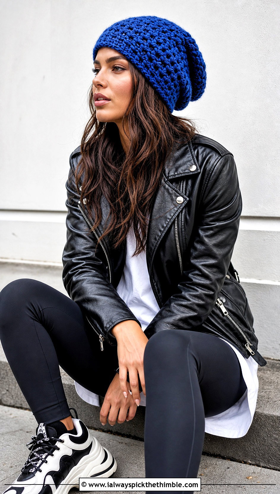 Slouchy Crochet Beanie With Leather Jacket And Leggings - 25 simple crochet beanie outfit ideas