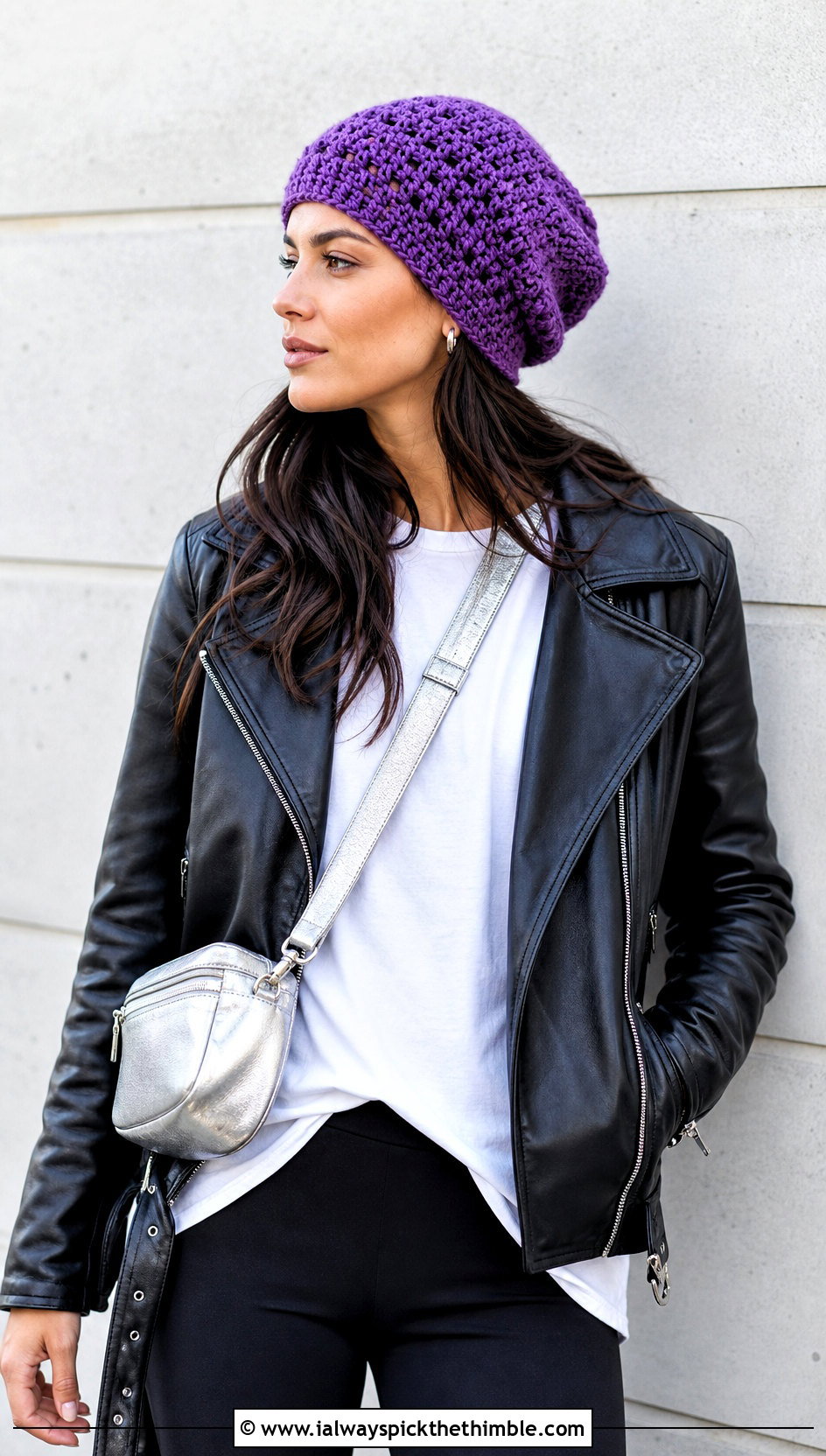 Slouchy Crochet Beanie With Leather Jacket And Leggings - 25 simple crochet hat outfit ideas