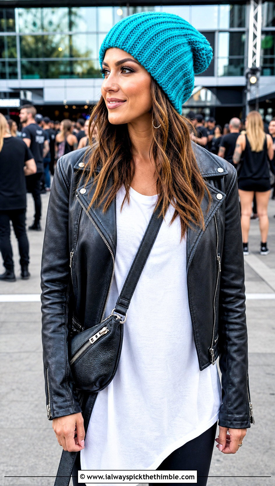 Slouchy Crochet Beanie With Leather Jacket And Leggings - 20 crochet women's hat outfit ideas