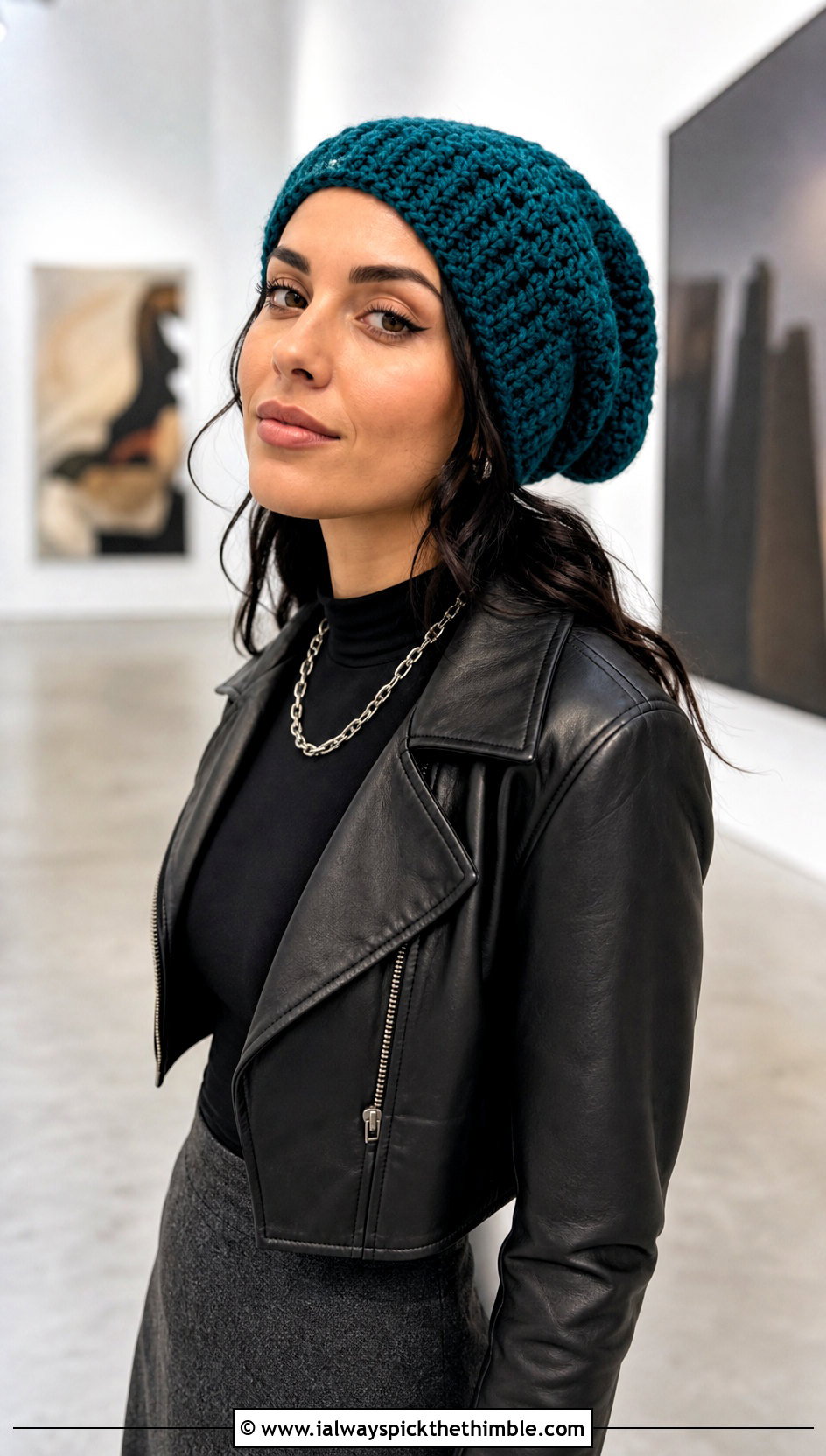 Slouchy Crochet Beanie With Leather Jacket And Maxi Skirt - 20 Fast Crochet Beanie outfit ideas