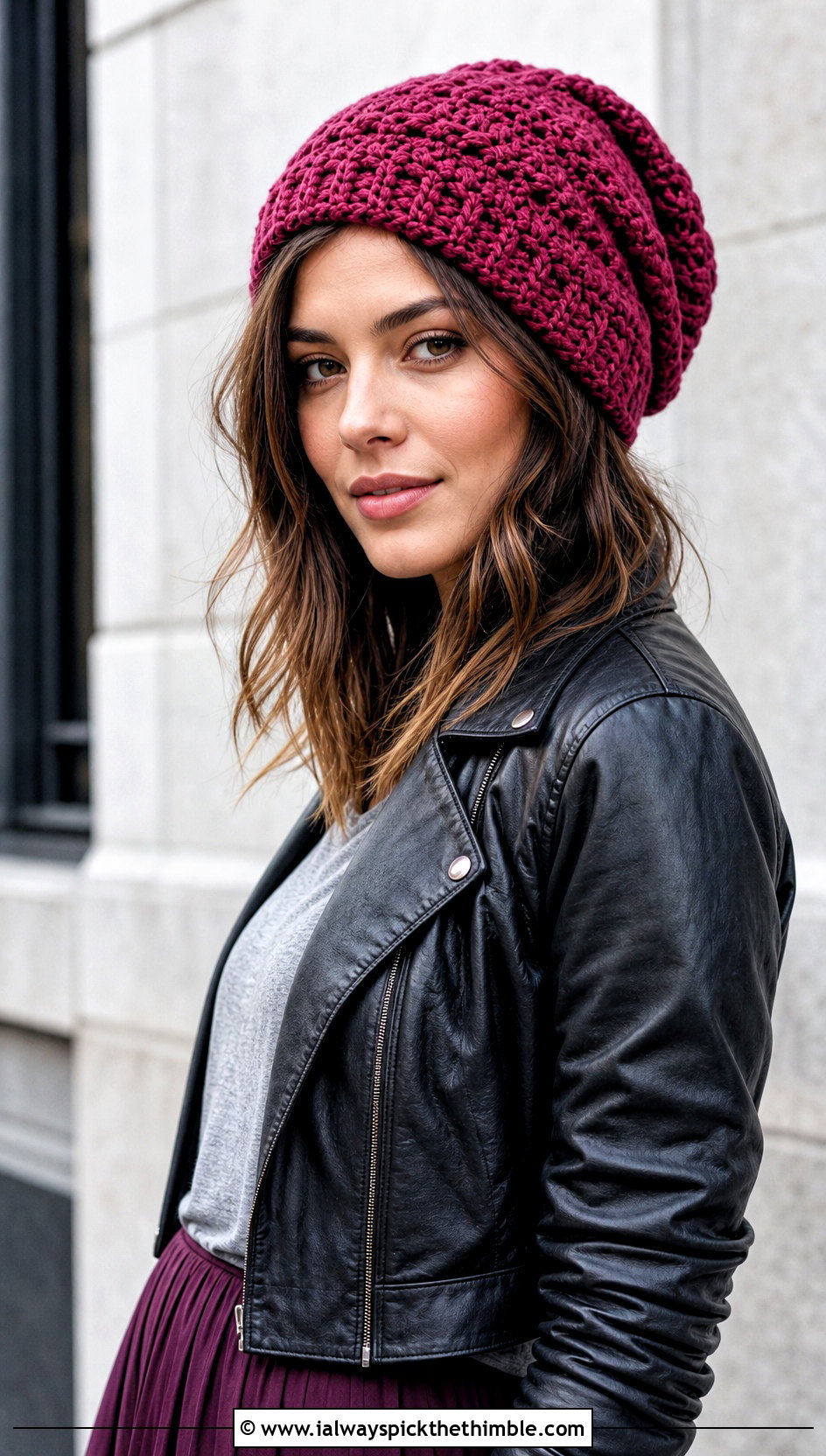 Slouchy Crochet Beanie With Leather Jacket And Maxi Skirt - 25 cute crochet hat ideas