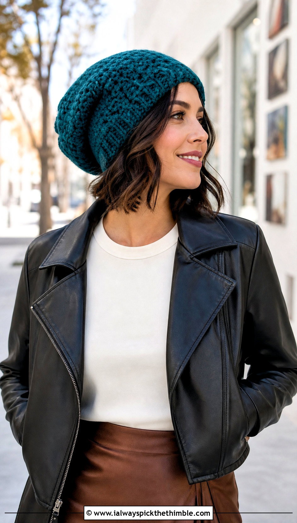 Slouchy Crochet Beanie With Leather Jacket And Maxi Skirt - 20 Best Crochet Hat outfit ideas