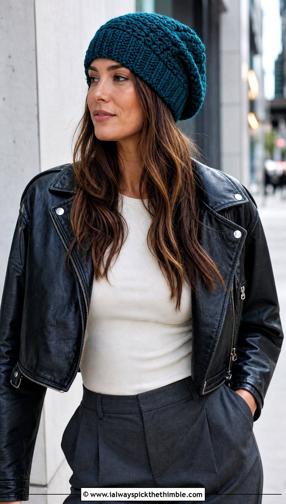 Slouchy Crochet Beanie With Leather Jacket And Trousers - 20 Fun Crochet Hat outfit ideas