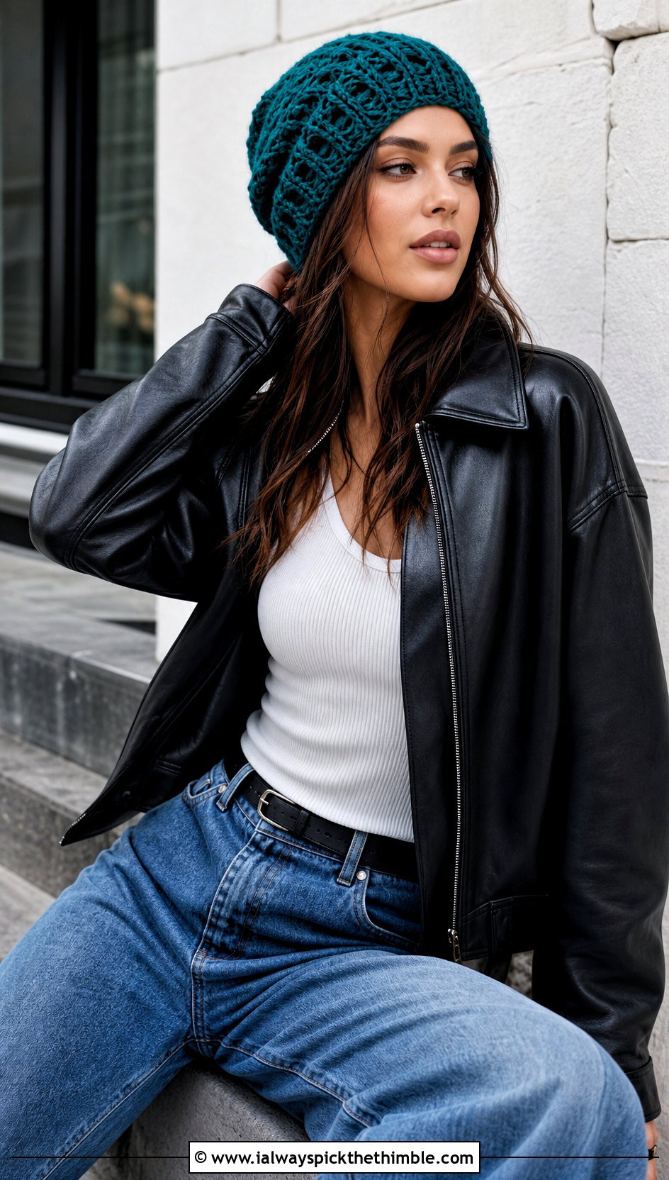 Slouchy Crochet Beanie With Leather Jacket And Wide Leg Jeans - 25 aesthetic crochet beanie outfit ideas