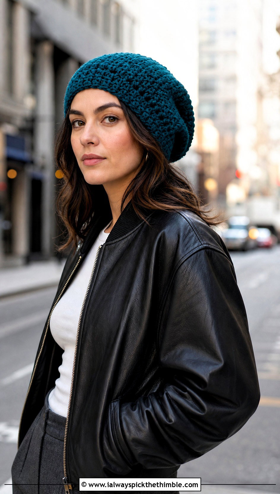 Slouchy Crochet Beanie With Leather Jacket And Wide Leg Pants - 25 crochet winter hats outfit ideas