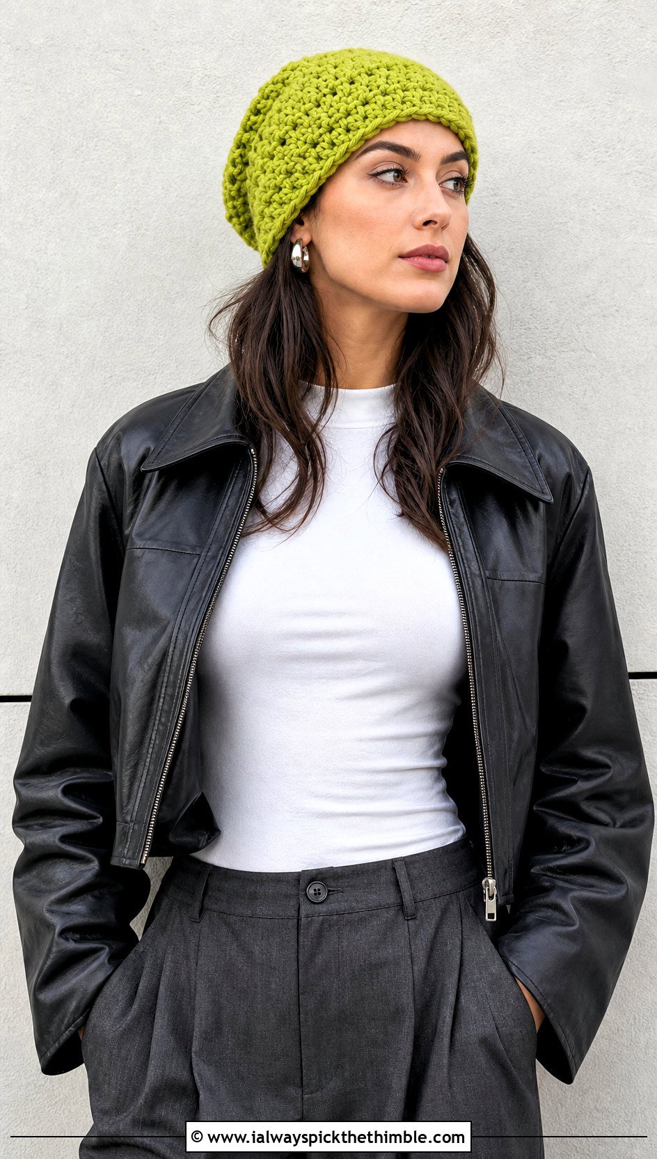 Slouchy Crochet Beanie With Leather Jacket And Wide Leg Pants - 25 women crochet hat outfit ideas