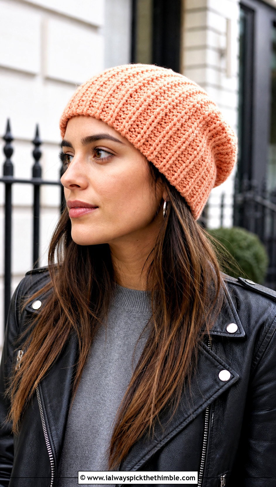 Slouchy Crochet Beanie With Leather Jacket - 15 Country Cottage Crochet Hat outfit ideas