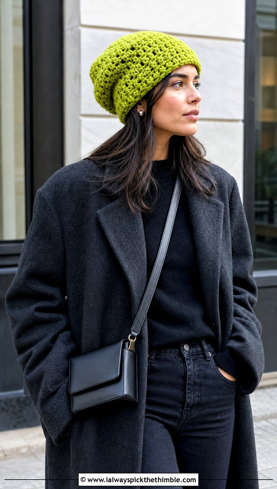 Slouchy Crochet Beanie With Long Wool Coat - 25 crochet hat for women outfit ideas