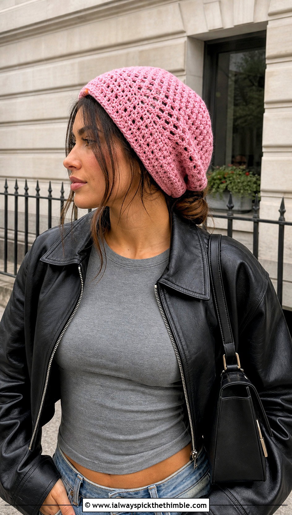 Slouchy Crochet Beanie With Messy Bun And Leather Jacket - 20 crochet hat with hair outfit ideas