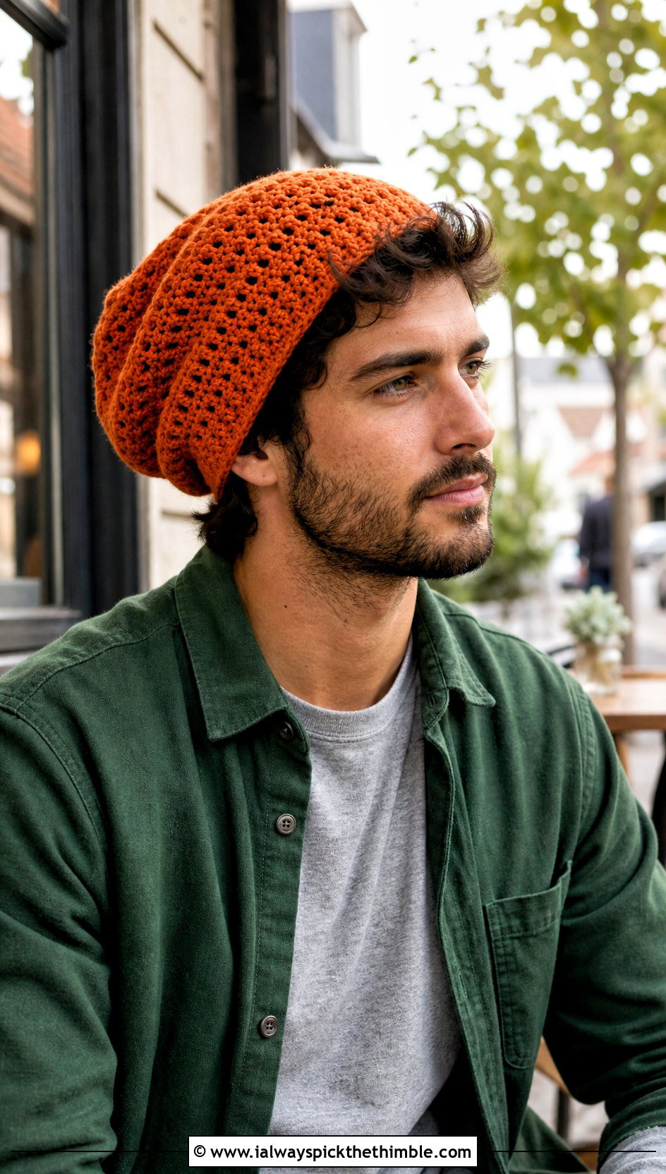 Slouchy Crochet Beanie With Overshirt - 25 crochet cap for men outfit ideas