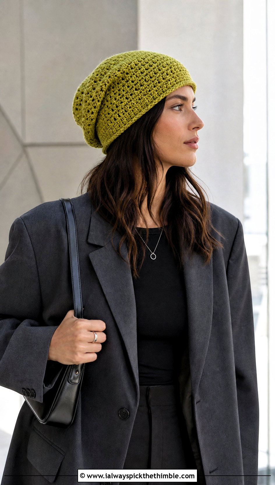 Slouchy Crochet Beanie With Oversized Blazer - 20 unique crochet beanie outfit ideas