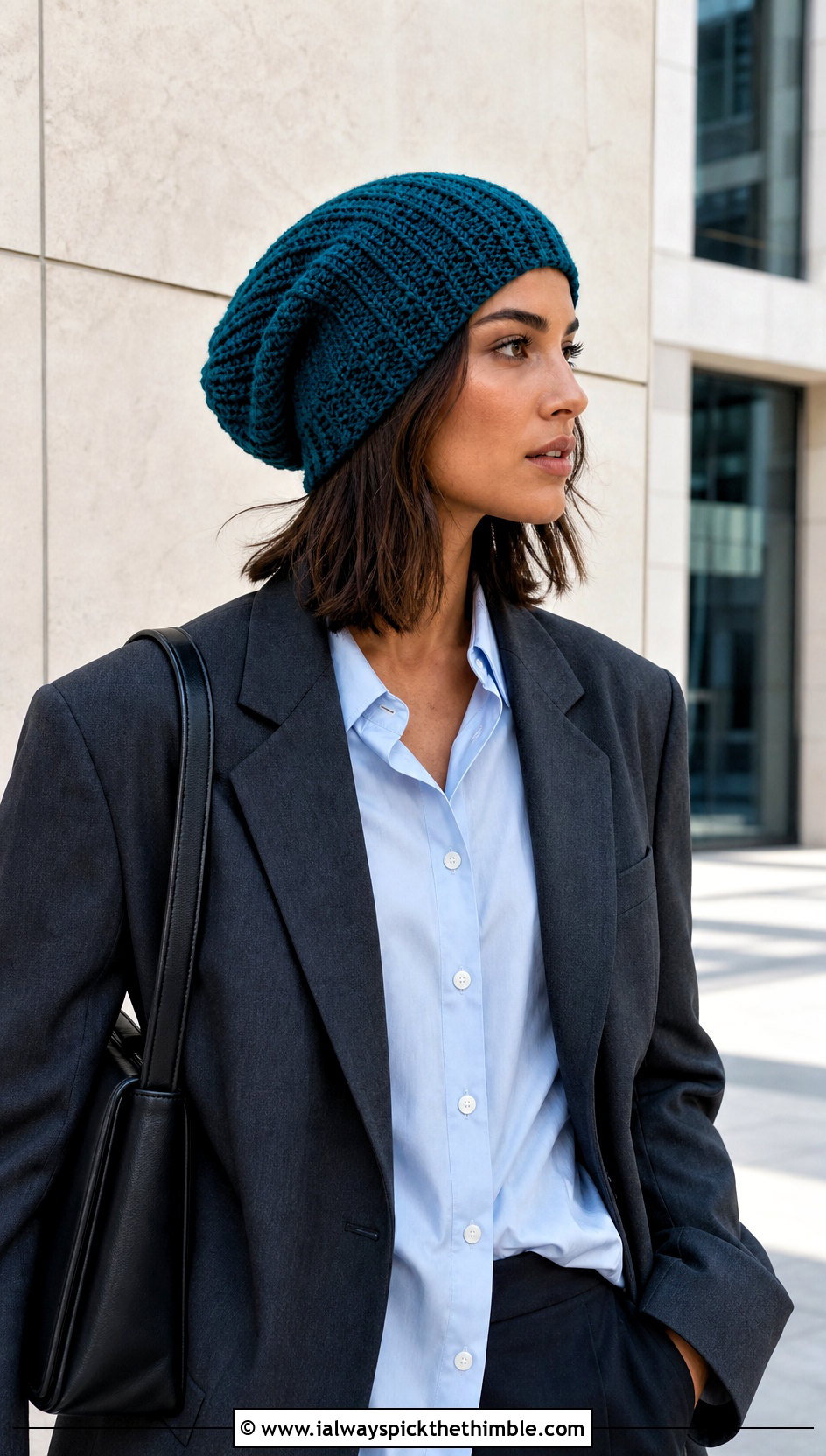 Slouchy Crochet Beanie With Oversized Blazer - 20 Women Crochet Beanie outfit ideas