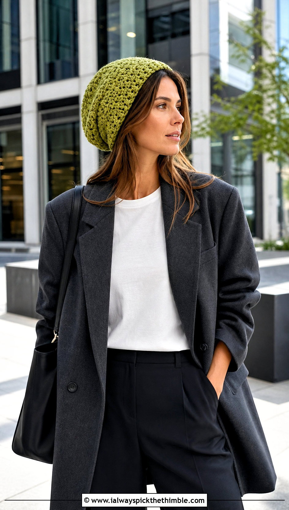 Slouchy Crochet Beanie With Oversized Blazer - 25 one piece crochet hat outfit ideas