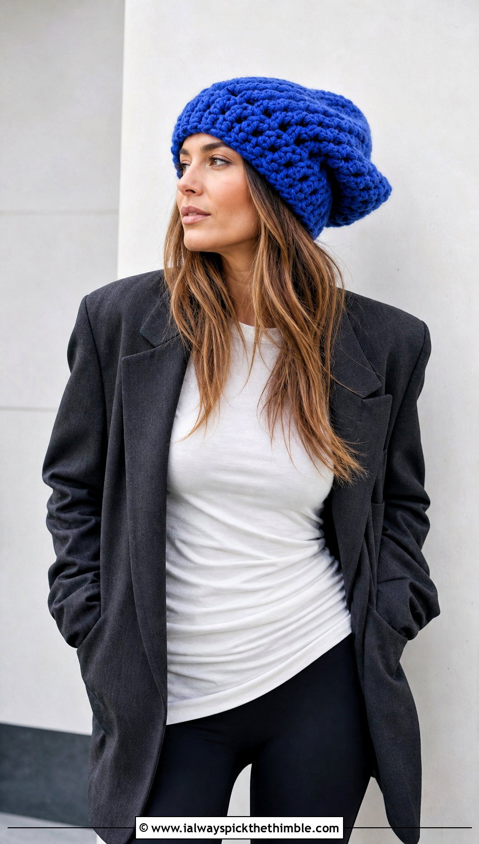 Slouchy Crochet Beanie With Oversized Blazer And Leggings - 20 bulky yarn crochet beanie outfit ideas