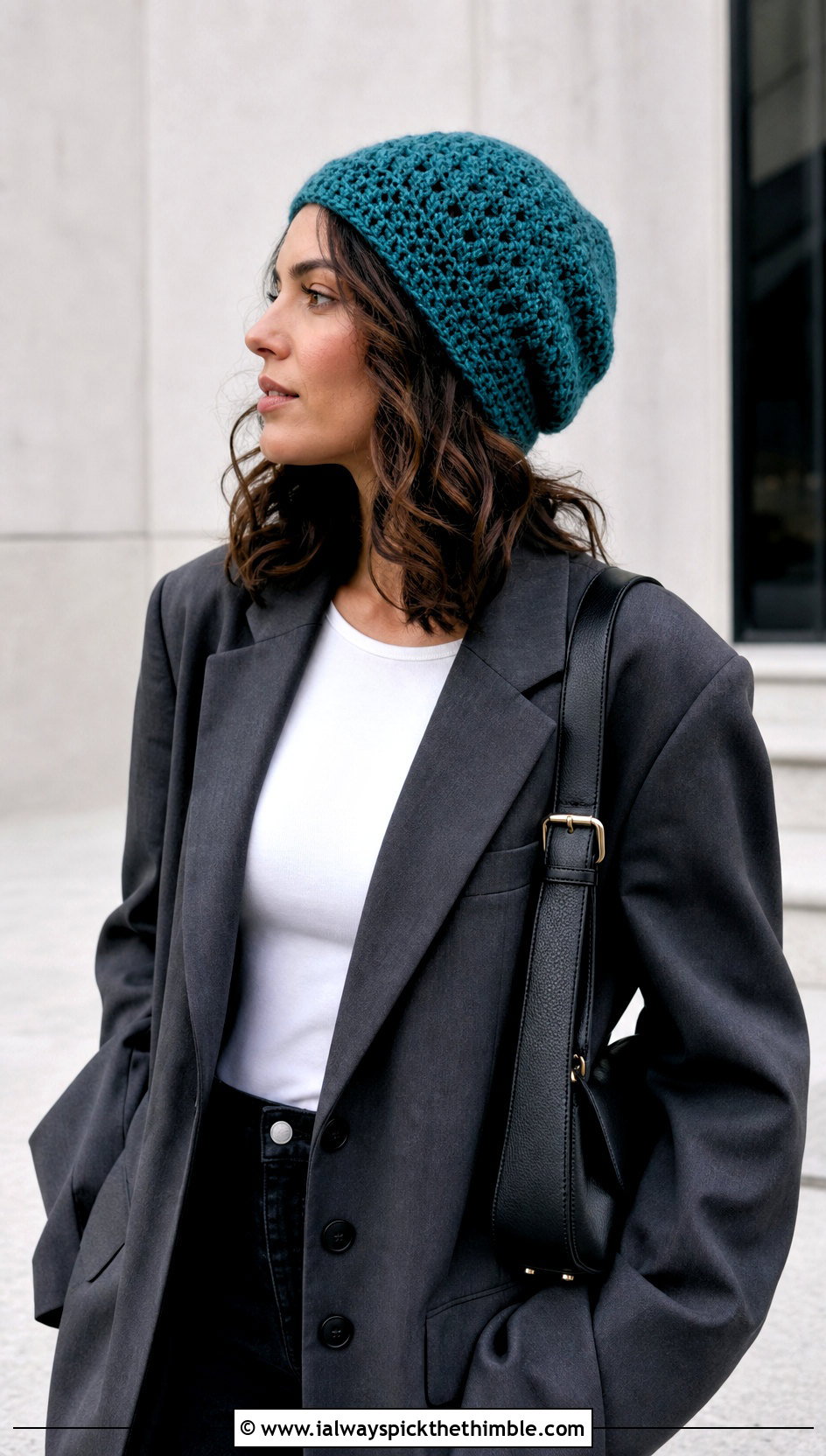 Slouchy Crochet Beanie With Oversized Blazer - 20 hats to crochet outfit ideas