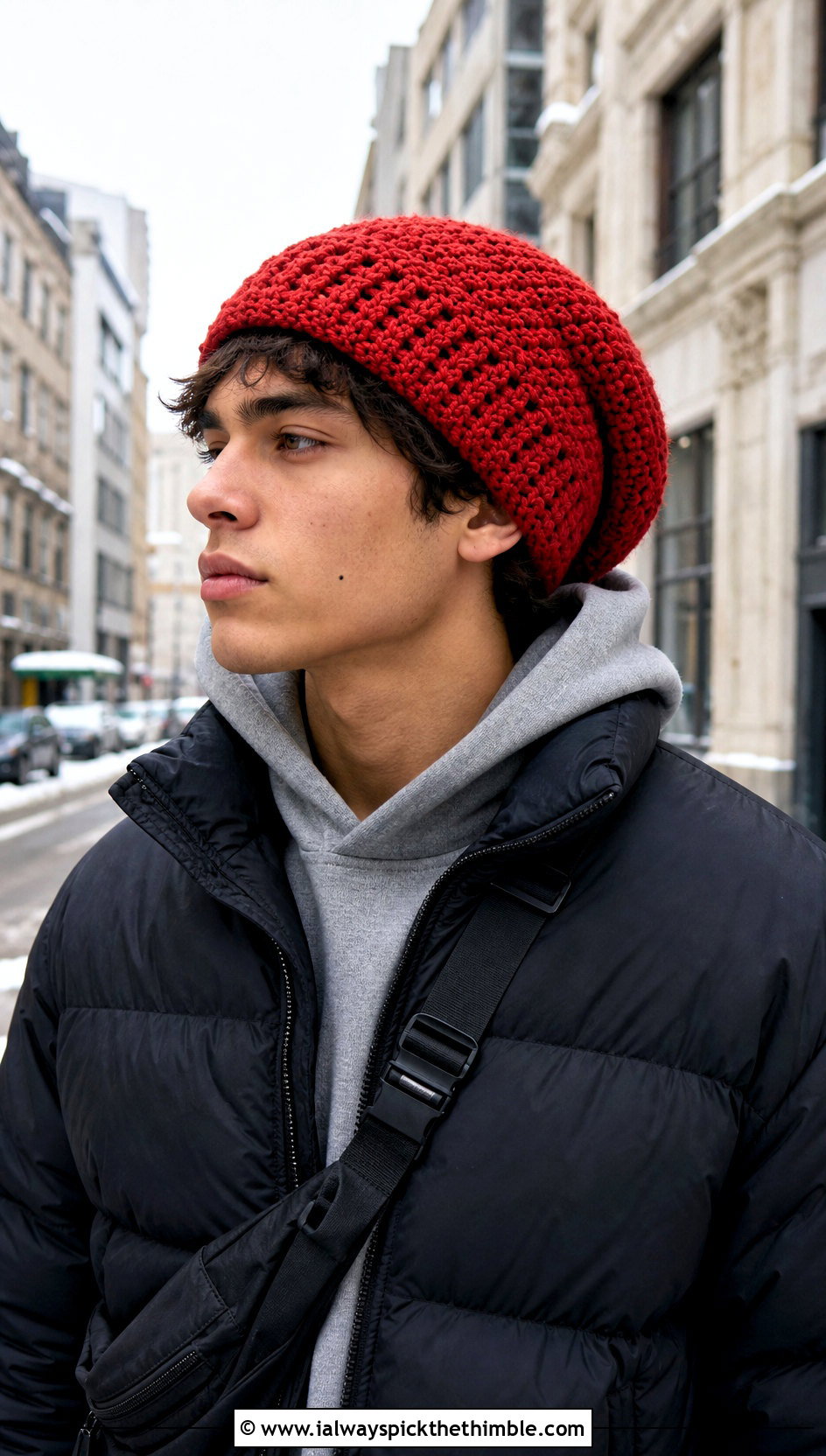 Slouchy Crochet Beanie With Puffer Jacket - 20 crochet for men's beanies outfit ideas