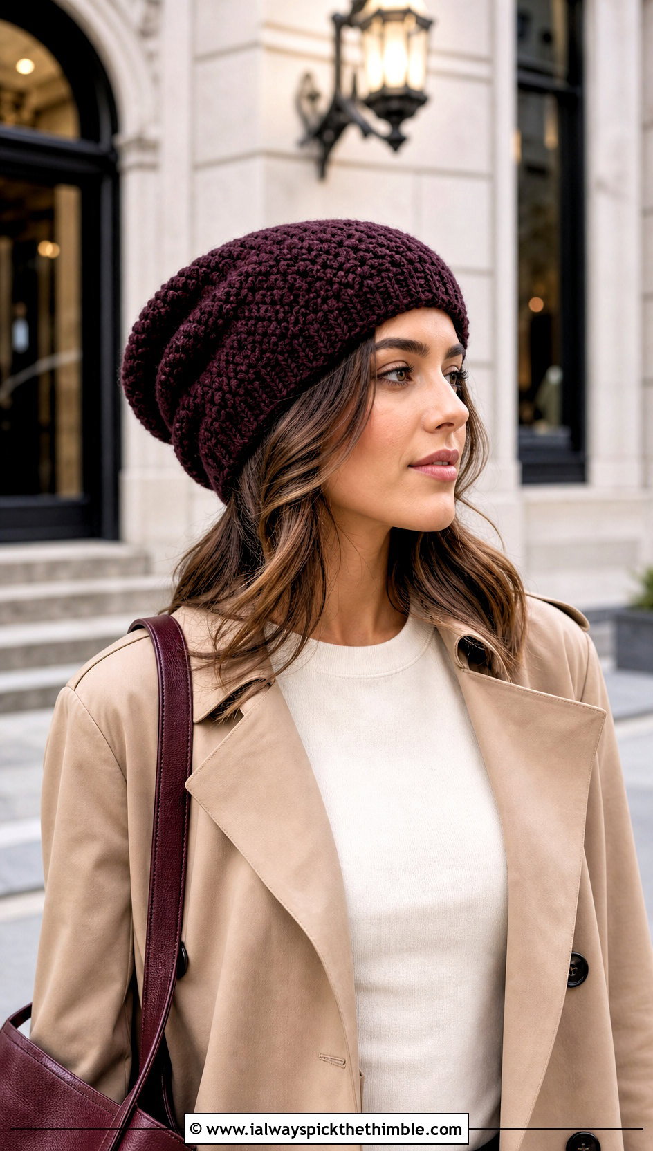Slouchy Crochet Beanie With Trench Coat and Wide Leg Trousers - 15 Tiktok Crochet Hat outfit ideas