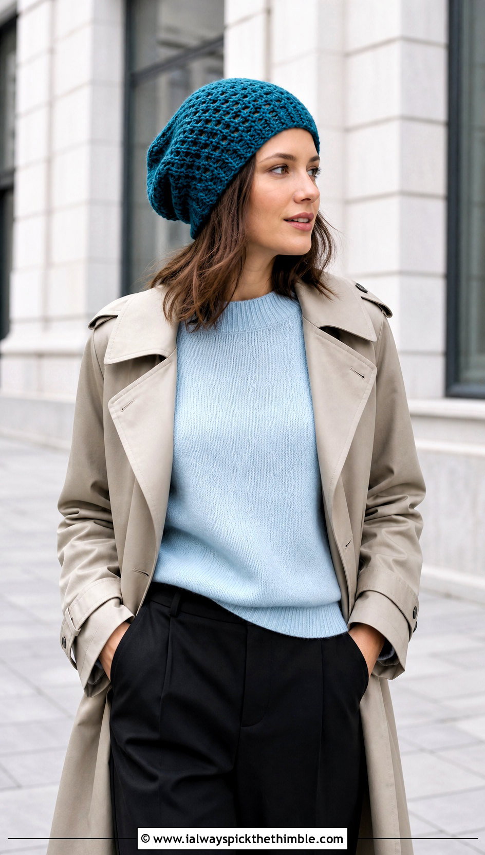 Slouchy Crochet Beanie With Trench Coat - 20 classic crochet beanie outfit ideas