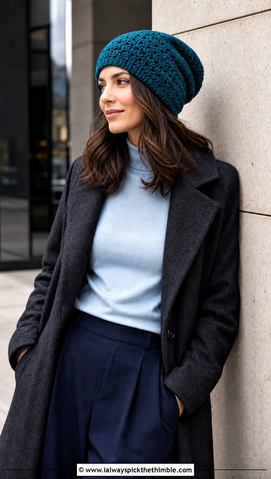 Slouchy Crochet Beanie With Wool Coat And Wide Leg Trousers - 20 winter crochet hat for women outfit ideas