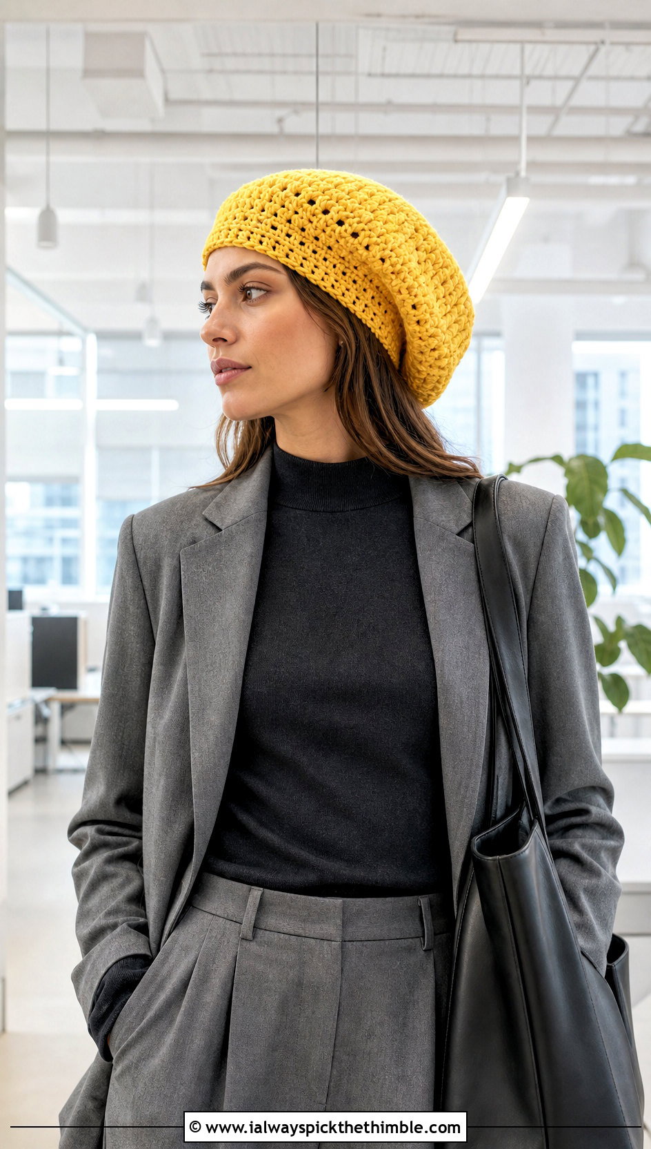 Slouchy Crochet Beret Hat With Tailored Trousers - 20 crochet beret hat outfit ideas