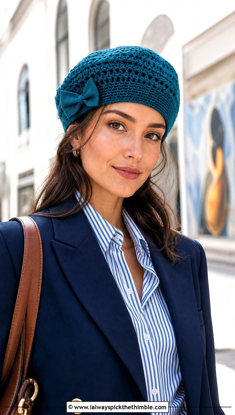 Slouchy Crochet Beret With Blazer And Jeans - 20 Crochet Bow Hat outfit ideas