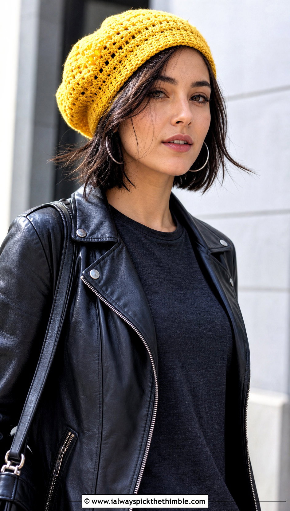 Slouchy Crochet Beret With Leather Jacket - 15 Womens Crochet Beret outfit ideas