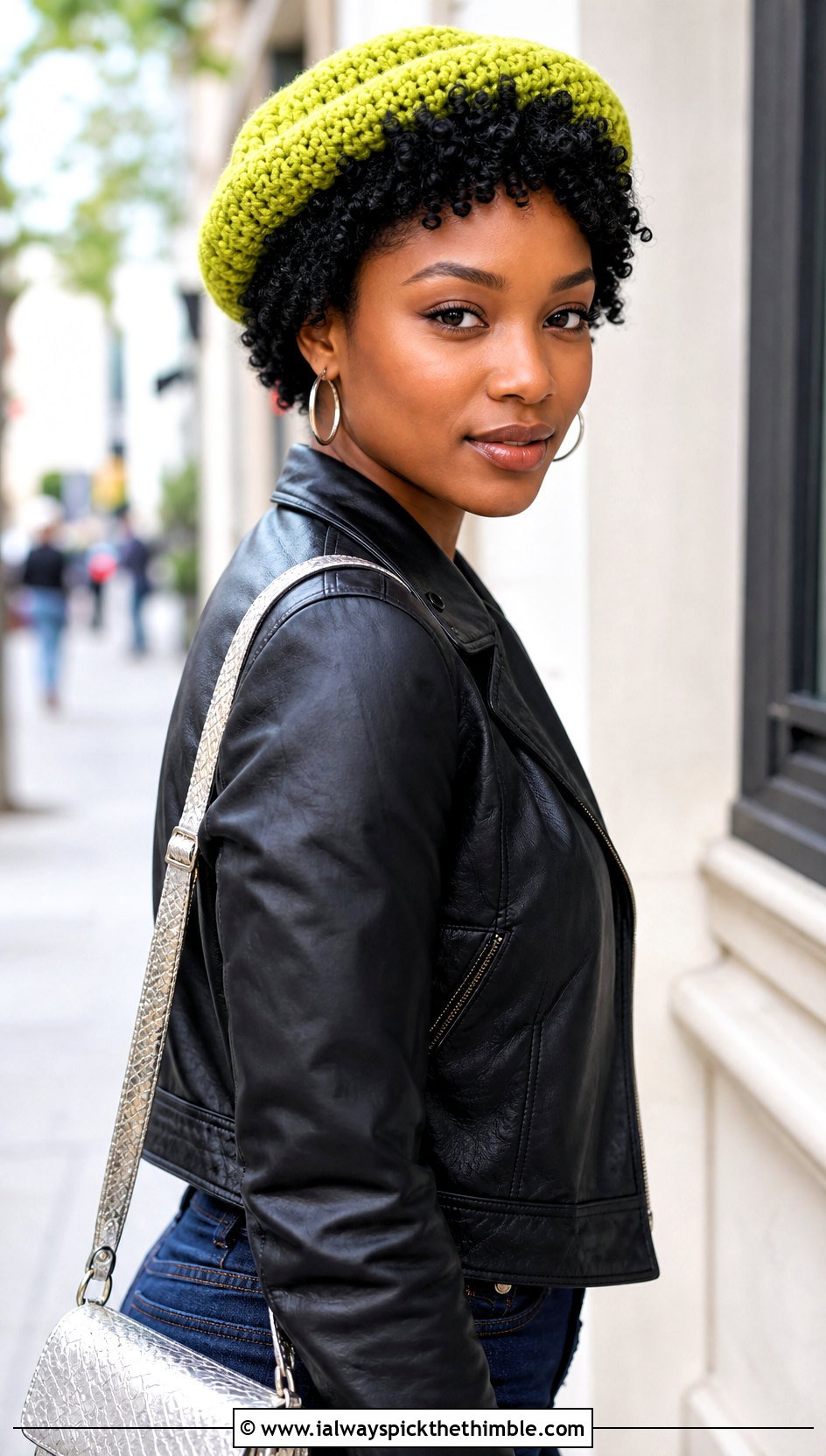 Slouchy Crochet Beret With Leather Jacket - 20 crochet hats black women outfit ideas