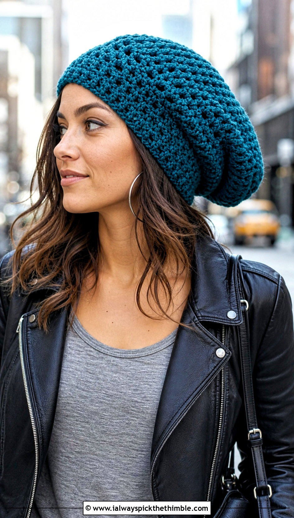 Slouchy Crochet Beret With Leather Jacket - 15 simple crochet beret outfit ideas