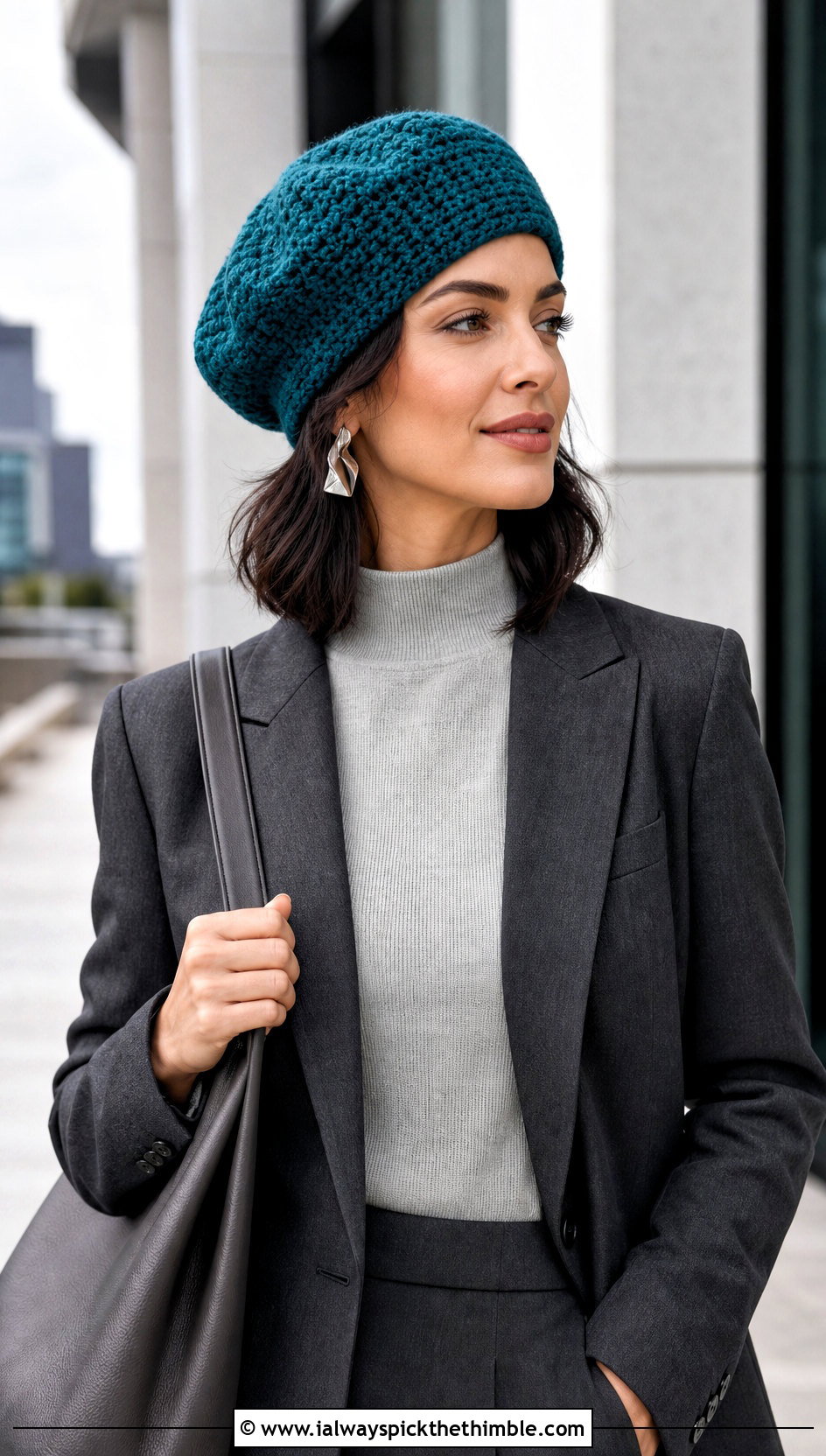 Slouchy Crochet Beret With Tailored Trousers - 20 crochet berets outfit ideas