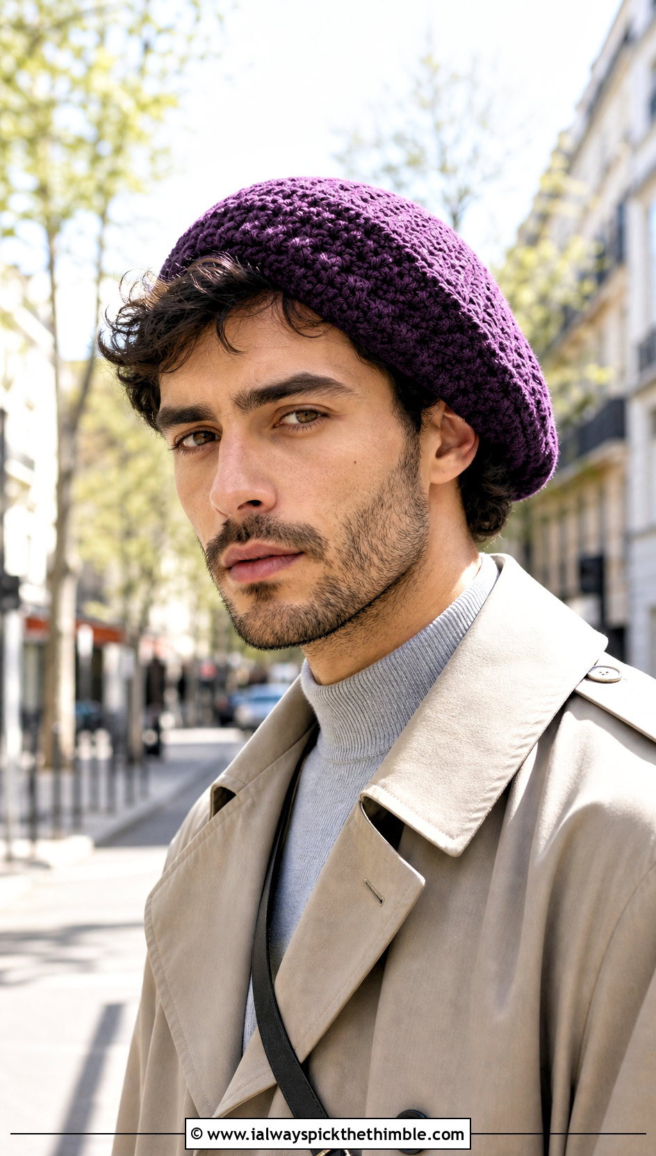 Slouchy Crochet Beret With Trench Coat - 20 crocheted mens hats outfit ideas