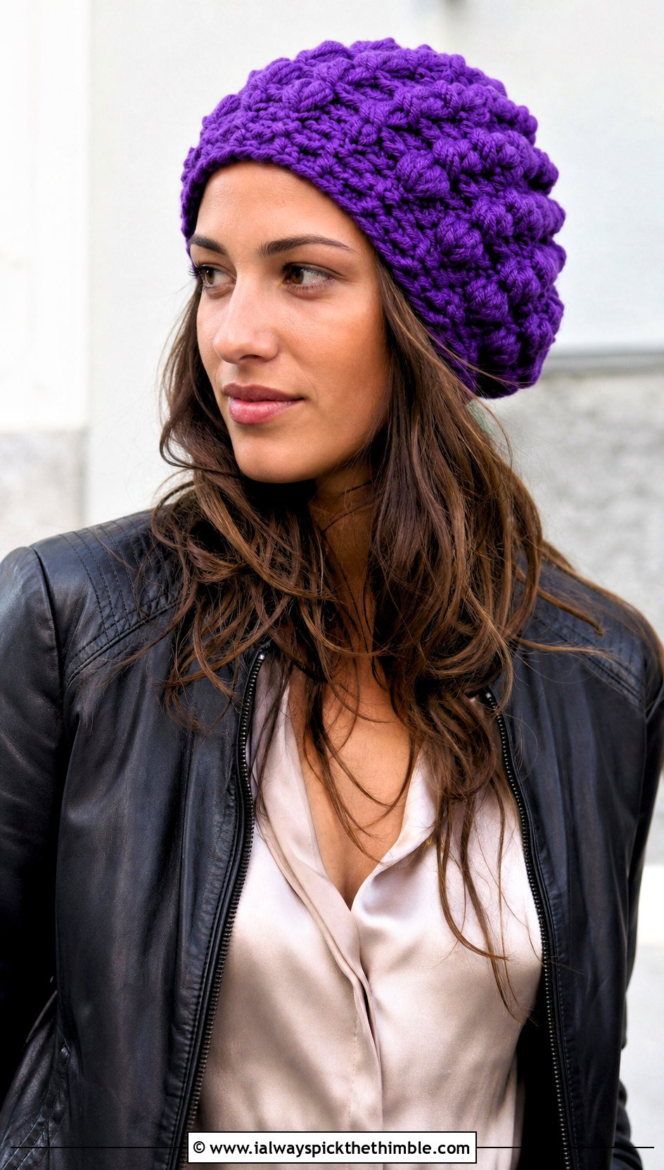 Slouchy Crochet Bubble Beanie With Leather Bomber - 20 Crochet Bubble Hat outfit ideas