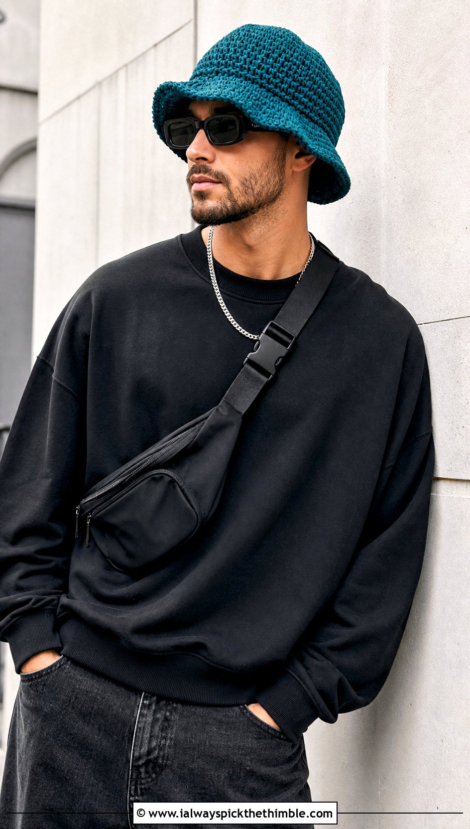 Slouchy Crochet Bucket Hat With Monochrome Streetwear - 15 Crochet Mens Bucket Hat outfit ideas