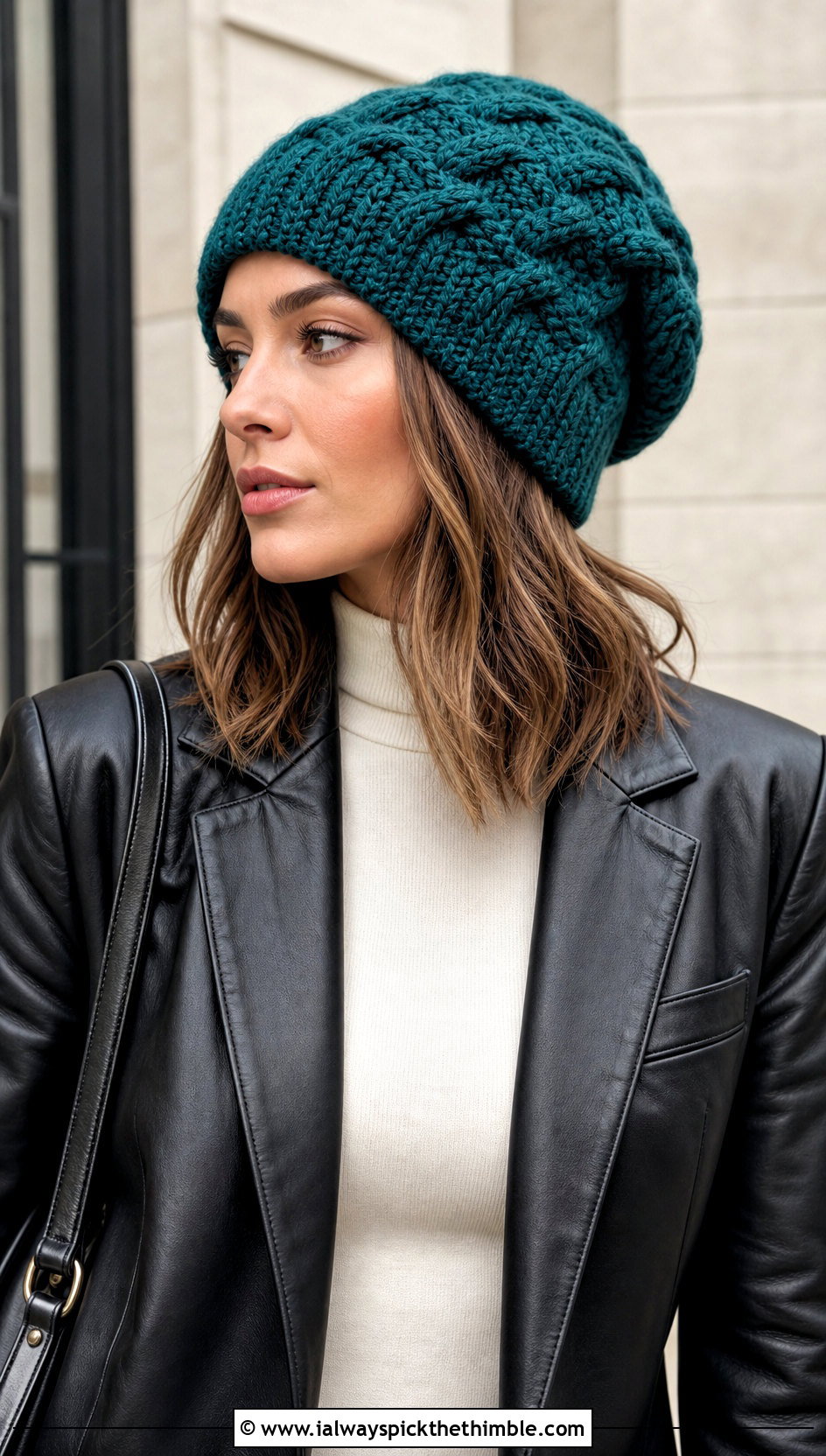 Slouchy Crochet Cable Hat With Leather Blazer - 25 crochet cable hat outfit ideas