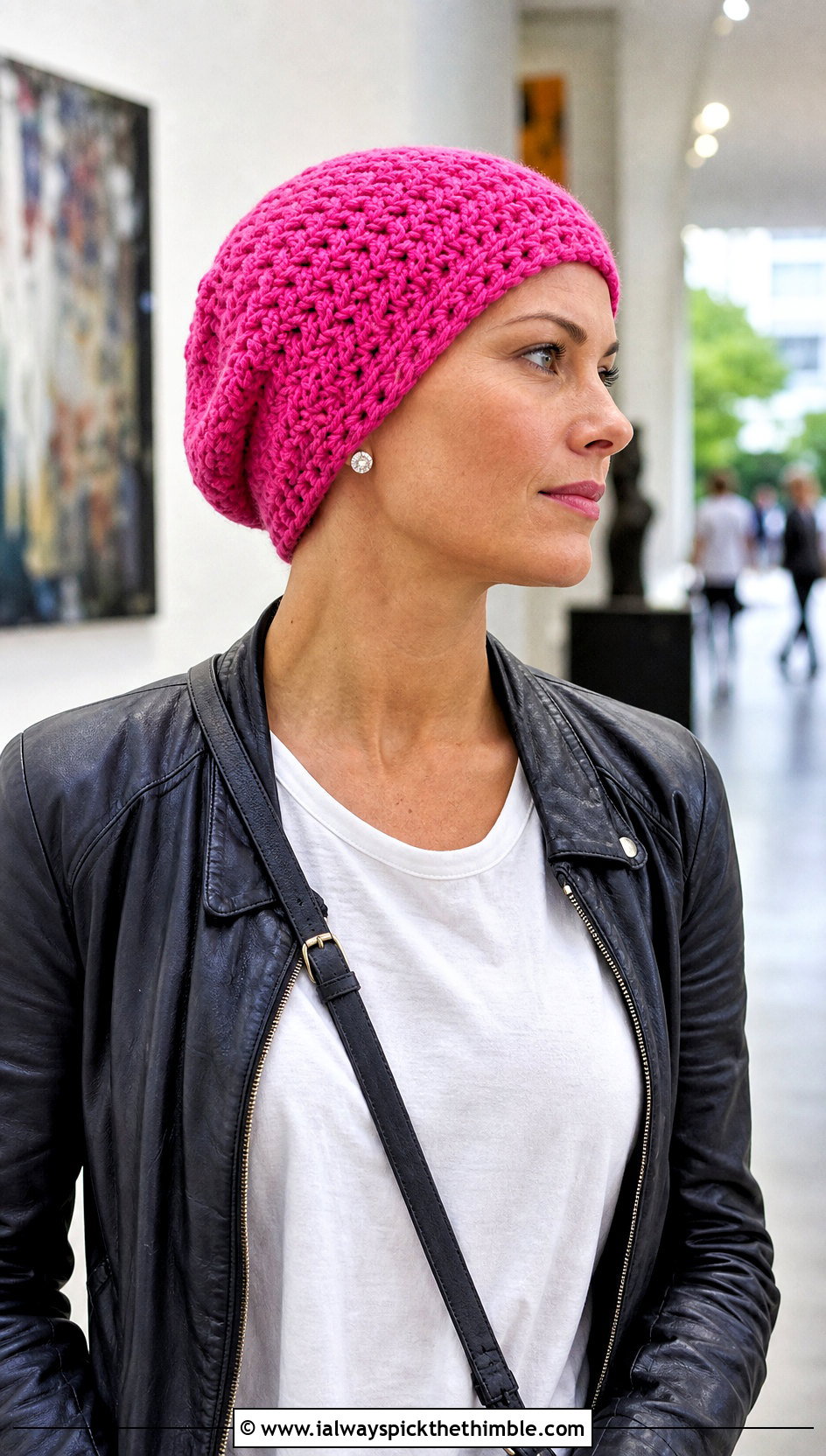 Slouchy Crochet Chemo Cap With Leather Jacket - 25 crochet chemo caps outfit ideas