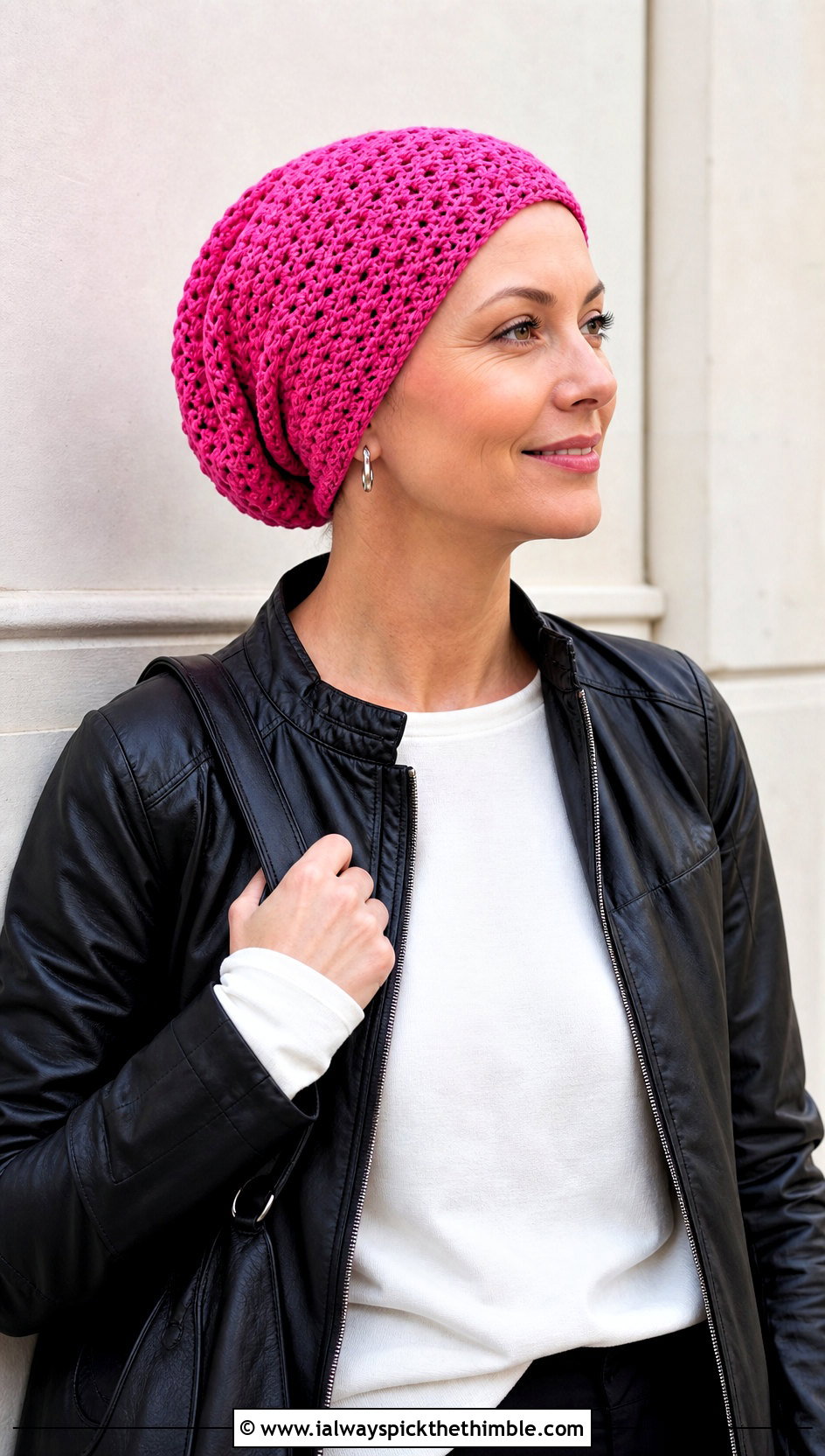 Slouchy Crochet Chemo Cap With Leather Jacket - 20 crochet chemo hat outfit ideas