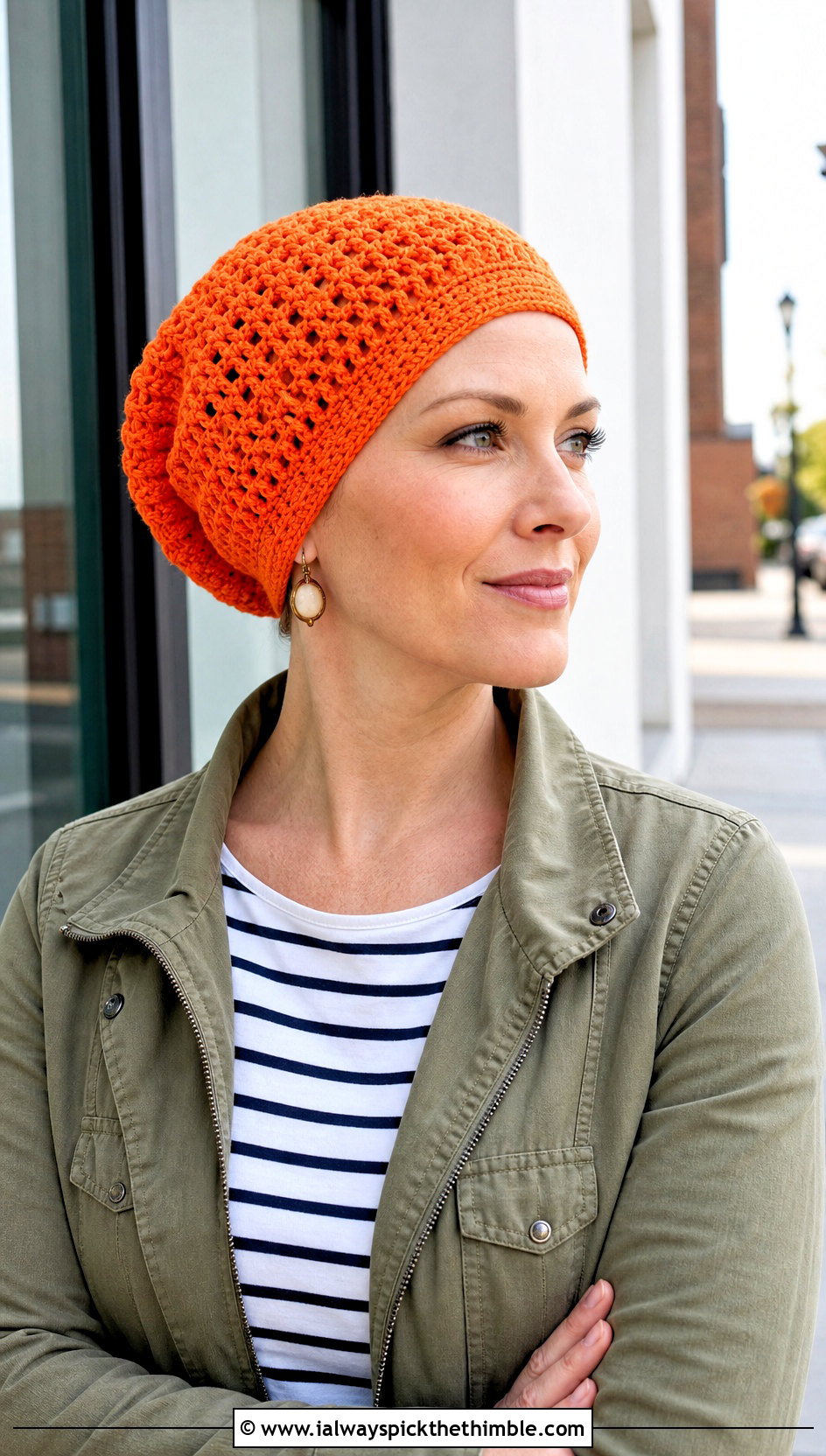 Slouchy Crochet Chemo Cap With Utility Jacket - 20 Easy Crochet Chemo Hats outfit ideas