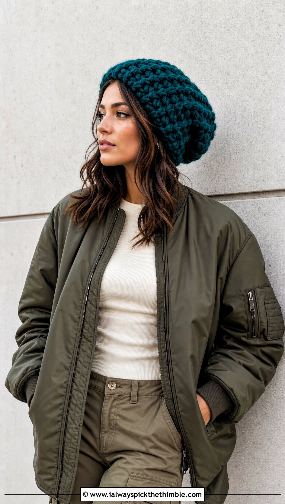 Slouchy Crochet Chunky Beanie With Bomber Jacket And Cargo Pants - 25 crochet chunky beanie outfit ideas
