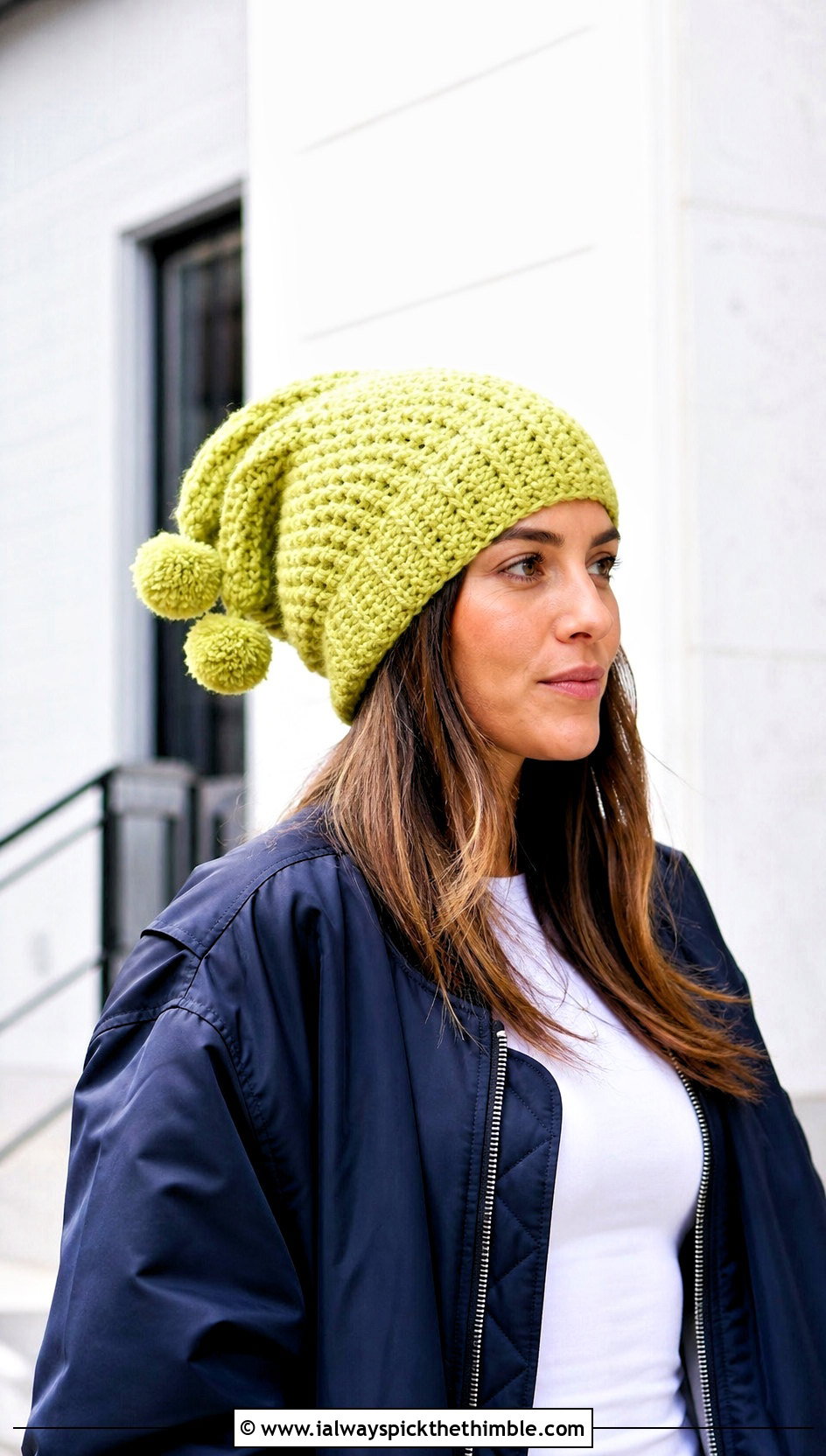 Slouchy Crochet Double Pom Pom Hat With Wide Leg Jeans - 20 Crochet Hat With Two Pom Poms outfit ideas