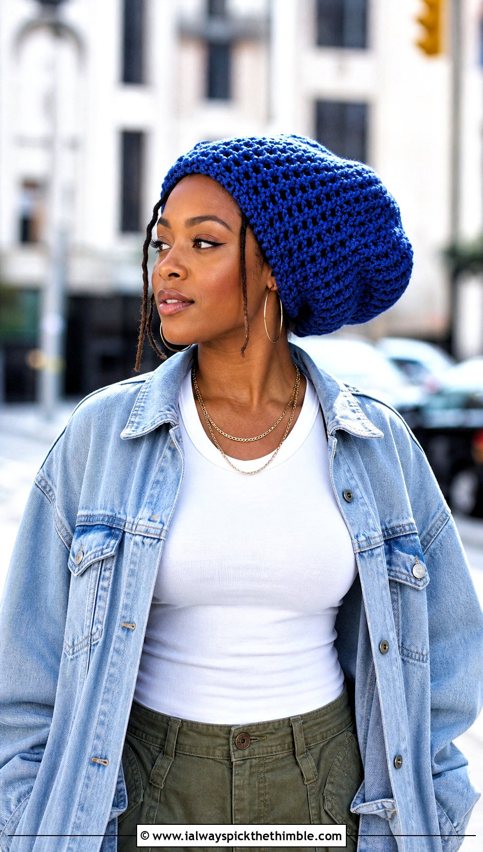 Slouchy Crochet Dreadlock Tam With Denim Jacket And Cargo Pants - 20 Crochet Dreadlock Hat outfit ideas